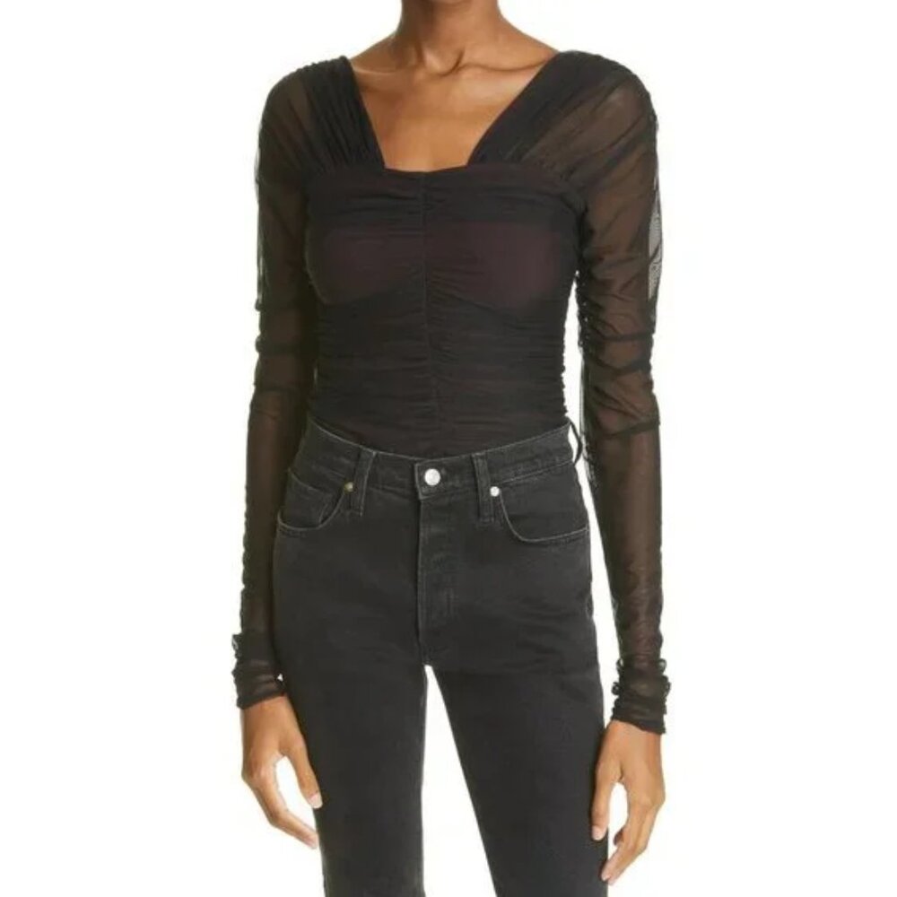 A.L.C. Jackie Ruched Sheer Long Sleeve Top - Black Maroon XS